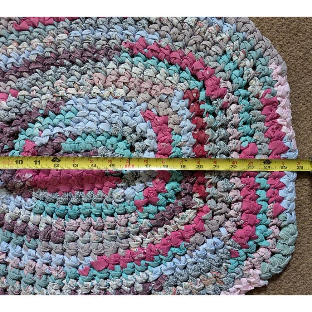 Vintage Oval Handmade Rag Rug Cotton Fabric Turquoise Pink Wine Colors 26